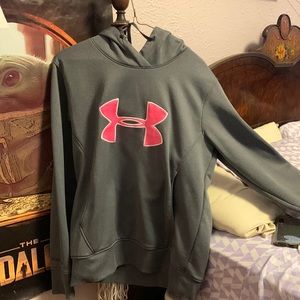 Under Armour Hoodie, Gray with logo and inside of hood pink.